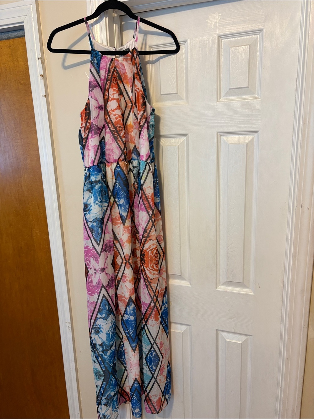 Lily Rose Floral Geometric Maxi Dress in Blue, Pink, Orange